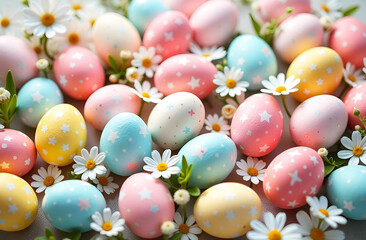 Wall Mural - easter background full of colorful eggs with white ornaments and plenty of daisies around