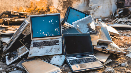 discarded laptop old used, obsolete technology garbage trash e waste, mounting pile repair computer 