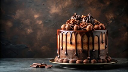 Poster - A chocolate cake with drizzled chocolate frosting, decorated with chocolate balls and swirls, sits on a cake stand against a rustic background.