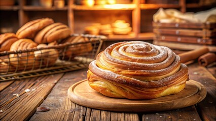 Poster - A Single, Golden, Sugared Pastry with a Whirl of Flavors on a Wooden Cutting Board