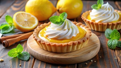 Aufkleber - A lemon tart dessert garnished with fresh mint leaves and whipped cream, served on a wooden board, with lemons in the background