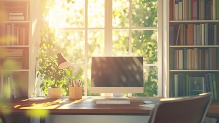 Modern office desk with computer bookshelves filled with books large window bright workspace concept 3D rendering