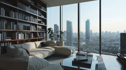 Sticker - Glass living room with sofa bookshelves and panoramic view wall mockup