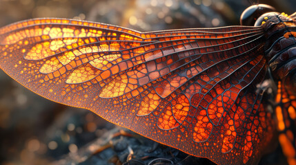 Wall Mural - close up of dragonfly wings showcasing intricate patterns and vibrant colors, highlighting delicate 