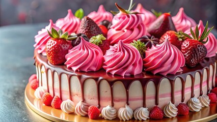 Poster - A decadent chocolate cake with pink swirls and fresh strawberries, perfect for a special occasion.