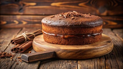 Aufkleber - A Single Layer Chocolate Cake Decorated with Chocolate Shavings and Garnished with Cinnamon Sticks on a Rustic Wooden Table