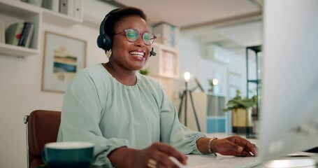 Poster - Customer support, consultation and black woman agent in office for inbound crm, sales and telemarketing. Call center, headset and African advisor with multilingual technical service for translation.