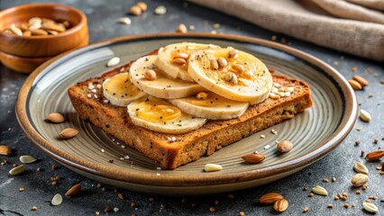 Poster - A Deliciously Simple Toast with Sliced Banana, Honey, and Toasted Nuts on a Rustic Plate