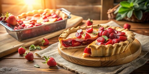 Poster - A delicious strawberry pie with a flaky crust and a creamy filling, ready to be devoured on a rustic wooden table.