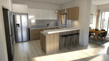 Sticker - Modern kitchen with blank white wall on one side 3D rendering