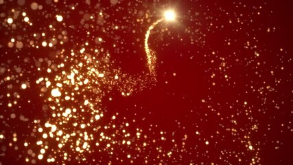 Wall Mural - loop animation of a luminous christmas shooting star with a tail of golden particles on a red backgr