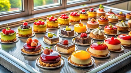 A tantalizing display of delectable mini desserts with fresh fruit and creamy fillings, arranged on a silver tray, showcasing the artistry of a skilled pastry chef