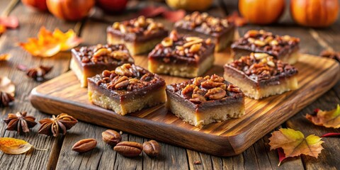 Aufkleber - A close up of delicious pecan bars on a wooden cutting board, surrounded by autumn leaves and star anise