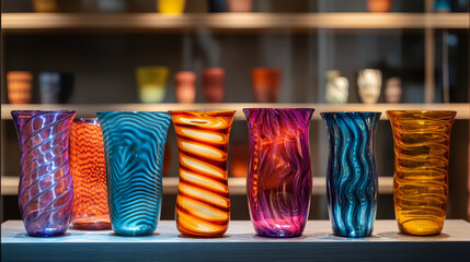 Canvas Print - colorful glass vases with unique patterns displayed on shelf, showcasing vibrant hues and intricate 