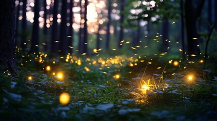Aufkleber - A magical forest scene at dusk with fireflies lighting up the scene like tiny lanterns.