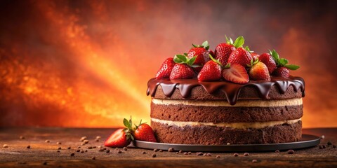 Poster - A decadent chocolate cake with a smooth, rich chocolate ganache and a luscious topping of fresh strawberries, set against a warm, golden backdrop.