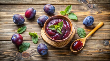 Poster - Homemade plum jam with fresh mint leaves on a wooden background