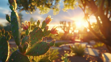 Poster - A close-up view of a cactus in the desert, bathed in the warm glow of golden hour.