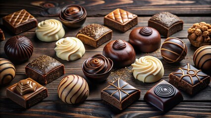 Poster - An assortment of exquisite chocolates, from delicate white to rich dark, displayed on a rustic wooden surface, showcasing the artistry of confectionery.