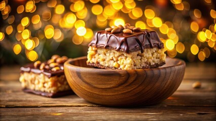 Wall Mural - A decadent chocolate and nut dessert with a crispy rice base and a warm, festive glow