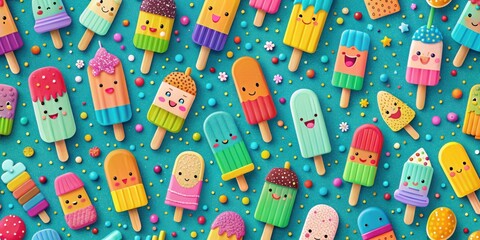 Poster - A whimsical pattern of colorful popsicles with happy faces scattered on a turquoise background with sprinkles, candy, and flowers.