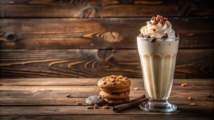 Poster - A tall glass of creamy milkshake topped with whipped cream and crunchy sprinkles, accompanied by a stack of cookies and cinnamon sticks, resting on a rustic wooden surface.