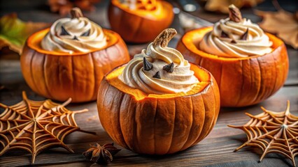 Poster - Pumpkin Dessert Cups Decorated with Whipped Cream and Chocolate Chips for a Spooky Halloween Treat