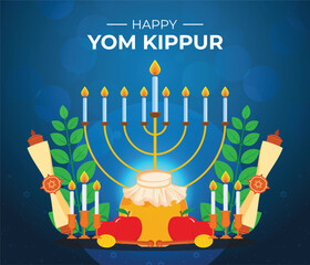 Happy Yom Kippur With Menorah Candle and Jewish Decoration Elements