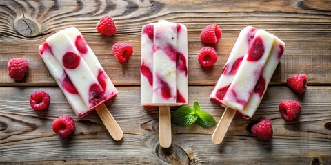 Poster - Three homemade raspberry popsicles on wooden background with fresh raspberries and a sprig of mint