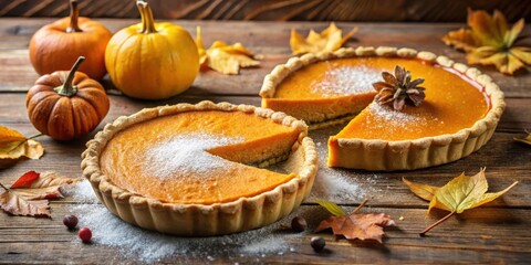 Wall Mural - A Rustic Thanksgiving Table Setting Featuring a Delicious Pumpkin Pie with a Sprinkle of Powdered Sugar, Accompanied by Pumpkins and Colorful Autumn Leaves