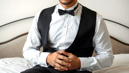 A man in a black vest and white shirt is sitting on a bed. He is wearing a black bow tie and has his hands clasped in his lap. Concept of formality and elegance isolated with white shades, png