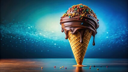 Poster - Chocolate Drizzled Ice Cream Cone with Sprinkles on a Wooden Tabletop Against a Blue Background