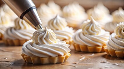 Poster - A piping bag carefully decorates mini tarts with swirls of creamy frosting, each delicate bite promising a sweet indulgence.