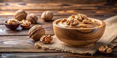 Poster - Creamy Nut Butter Spread in a Wooden Bowl Surrounded by Whole Nuts on a Rustic Wooden Table