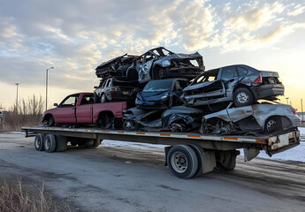 Stack of damaged cars on a flatbed truck being transported.