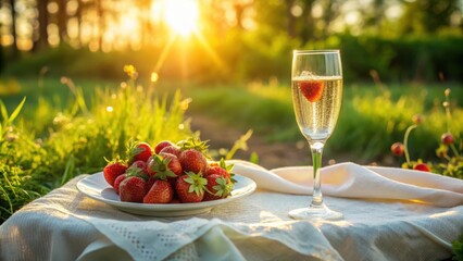 Poster - A sparkling wine glass with a strawberry garnish sits on a white tablecloth in a summery outdoor setting, next to a plate of fresh ripe strawberries and bathed in the warm glow of a sunset.