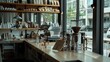 © VK Studio - A quaint café with wooden shelves showcasing coffee varieties and chic modern decor, creating a cozy spot in an urban setting.