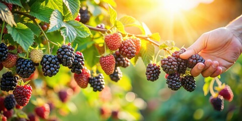 Aufkleber - A hand reaches for a cluster of ripe blackberries hanging from a sun-drenched bush, surrounded by lush green foliage.