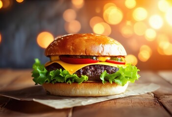 Delicious cheeseburger with lettuce, tomato, pickles and melted cheese sitting on a rustic wooden table