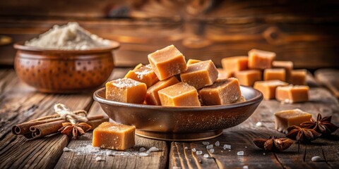 Poster - Homemade caramel candies dusted with powdered sugar and sea salt, served in a ceramic bowl on a rustic wooden background.