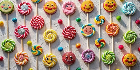 Poster - A colorful array of lollipops with swirls and smiley faces, resting on a white textured surface, casting playful shadows in the sunlight.