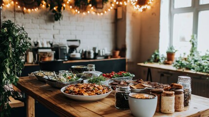 Rustic Buffet Spread in Cozy Cafe Setting with Natural Light and Greenery