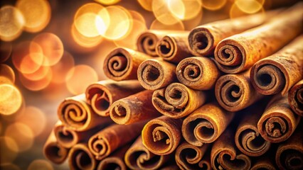 Wall Mural - Cinnamon Sticks Arranged in a Warm and Festive Composition with a Background of Soft Golden Lights