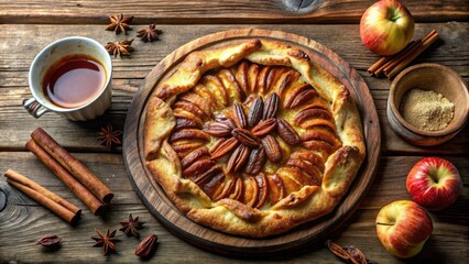 Poster - A rustic autumnal table scene featuring a freshly baked apple pie with pecan topping, cinnamon sticks, star anise, and apples on a wooden surface.