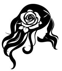 Aufkleber - Abstract beautiful girl silhouette with rose in long hair. Decorative female beauty icon. Woman and flower. Vector stock illustration