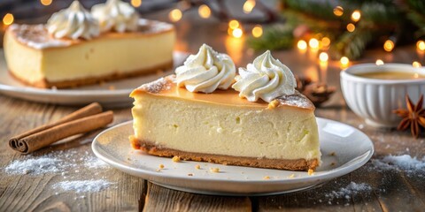 Poster - A slice of cheesecake with whipped cream, topped with powdered sugar, served on a white plate with cinnamon sticks, all on a wooden table with warm, inviting light