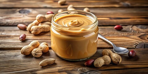 Aufkleber - A Glass Jar Filled with Creamy Peanut Butter Surrounded by Shelled Peanuts on a Rustic Wooden Surface