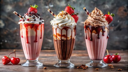 Poster - Three decadent milkshakes adorned with whipped cream, strawberries, and chocolate drizzles, a symphony of flavors ready to tantalize the taste buds.