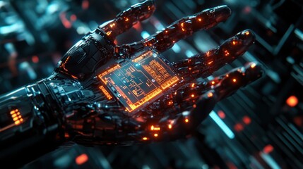 A futuristic robotic hand with glowing orange lights and a chip on its palm.