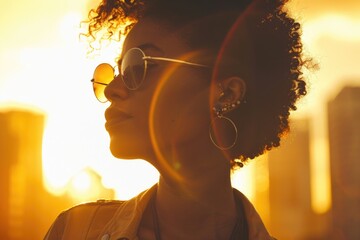 A woman wearing sunglasses and a leather jacket, perfect for outdoor activities or street style photoshoots